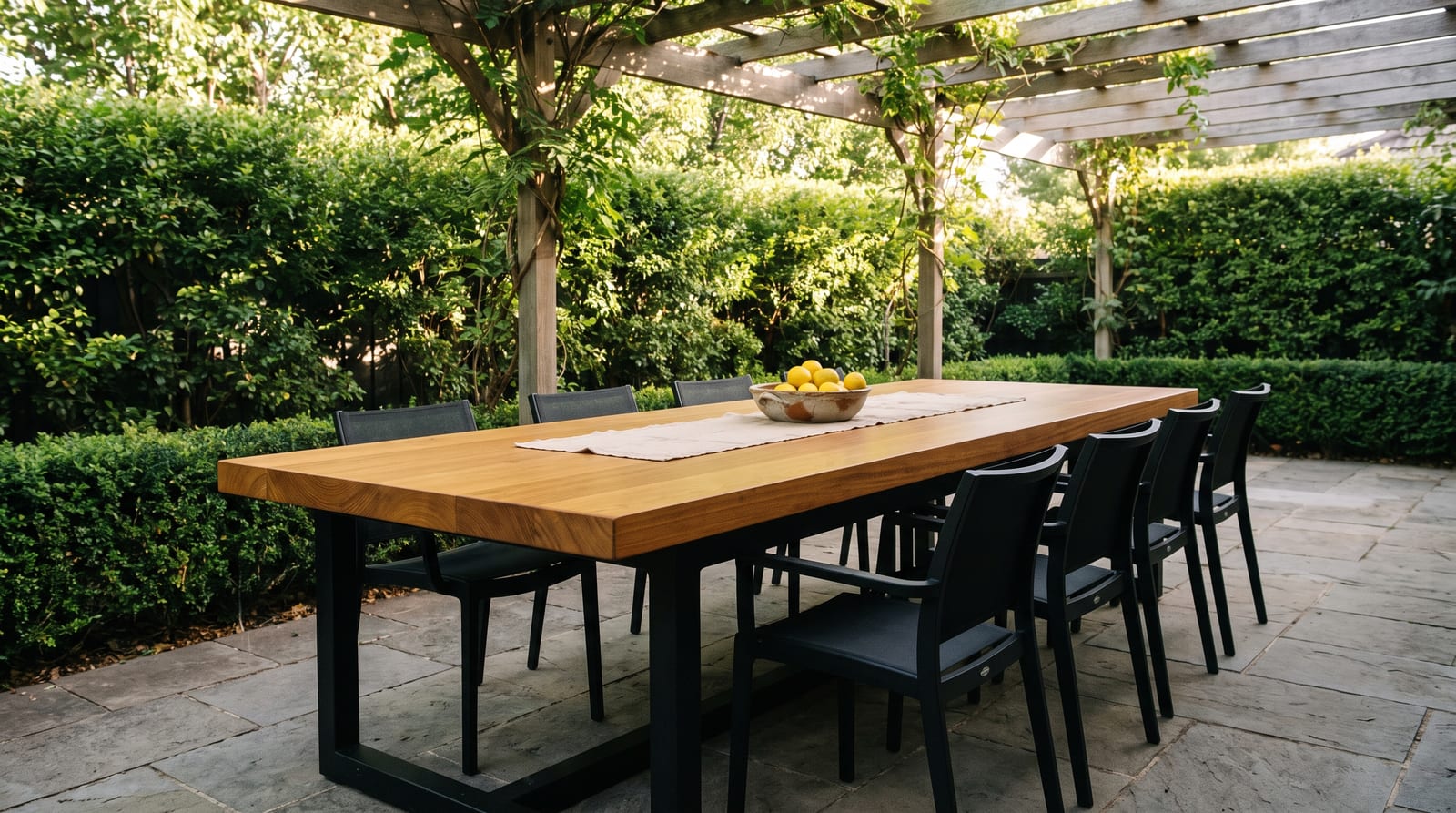 Solid iroko tabletop, face grain — a covered garden patio, oiled iroko dining table on a steel base