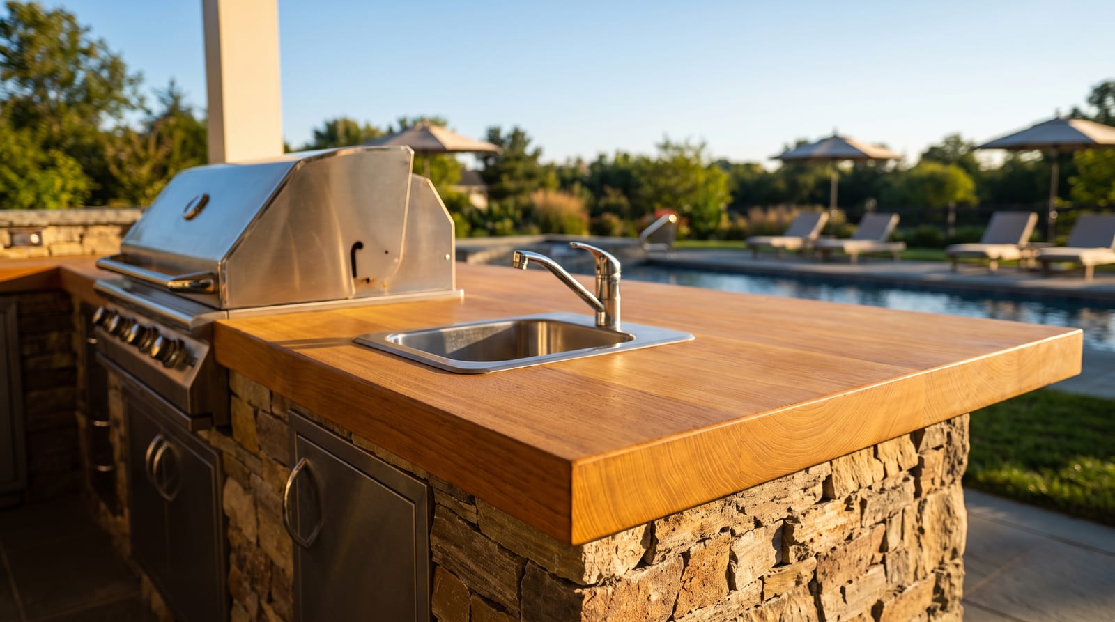Iroko countertop — an outdoor kitchen, iroko counter around a built-in grill and sink