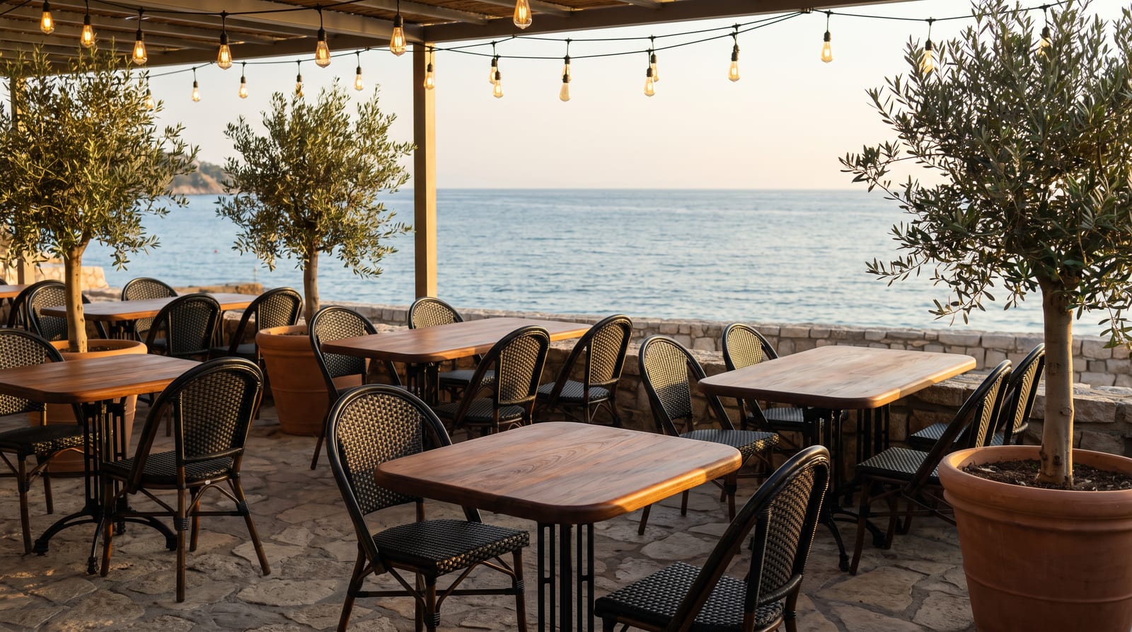 Solid iroko tabletop, face grain — a seaside restaurant terrace, freshly oiled iroko two-tops