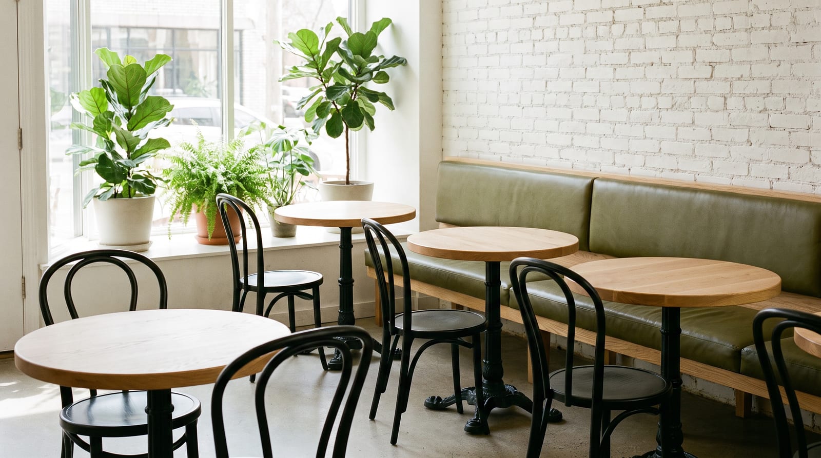 Solid white oak round tabletop, face grain — a bright cafe, round white oak two-tops on cast-iron pedestals