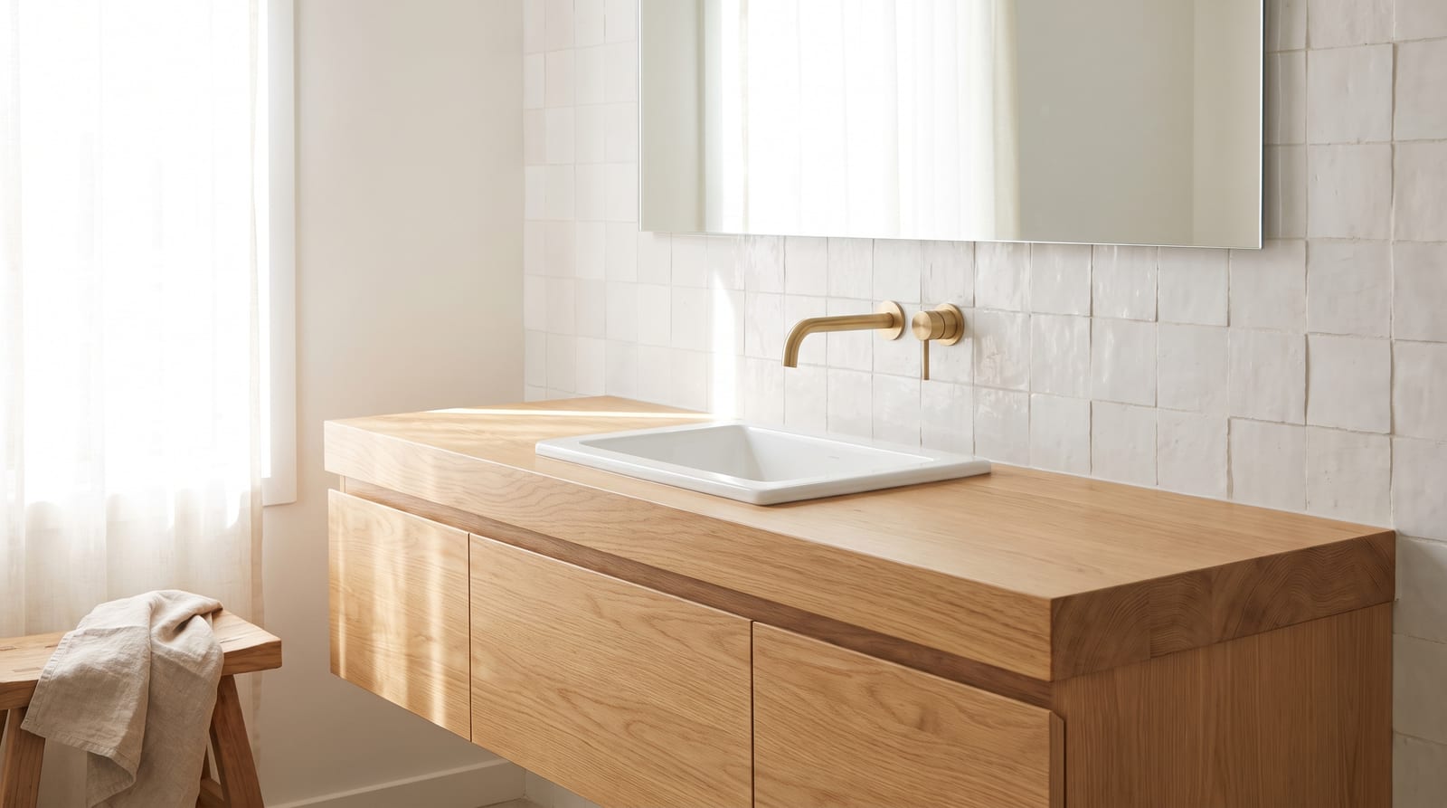 Solid white oak countertop, face grain — a serene bathroom, white oak vanity top on a floating vanity