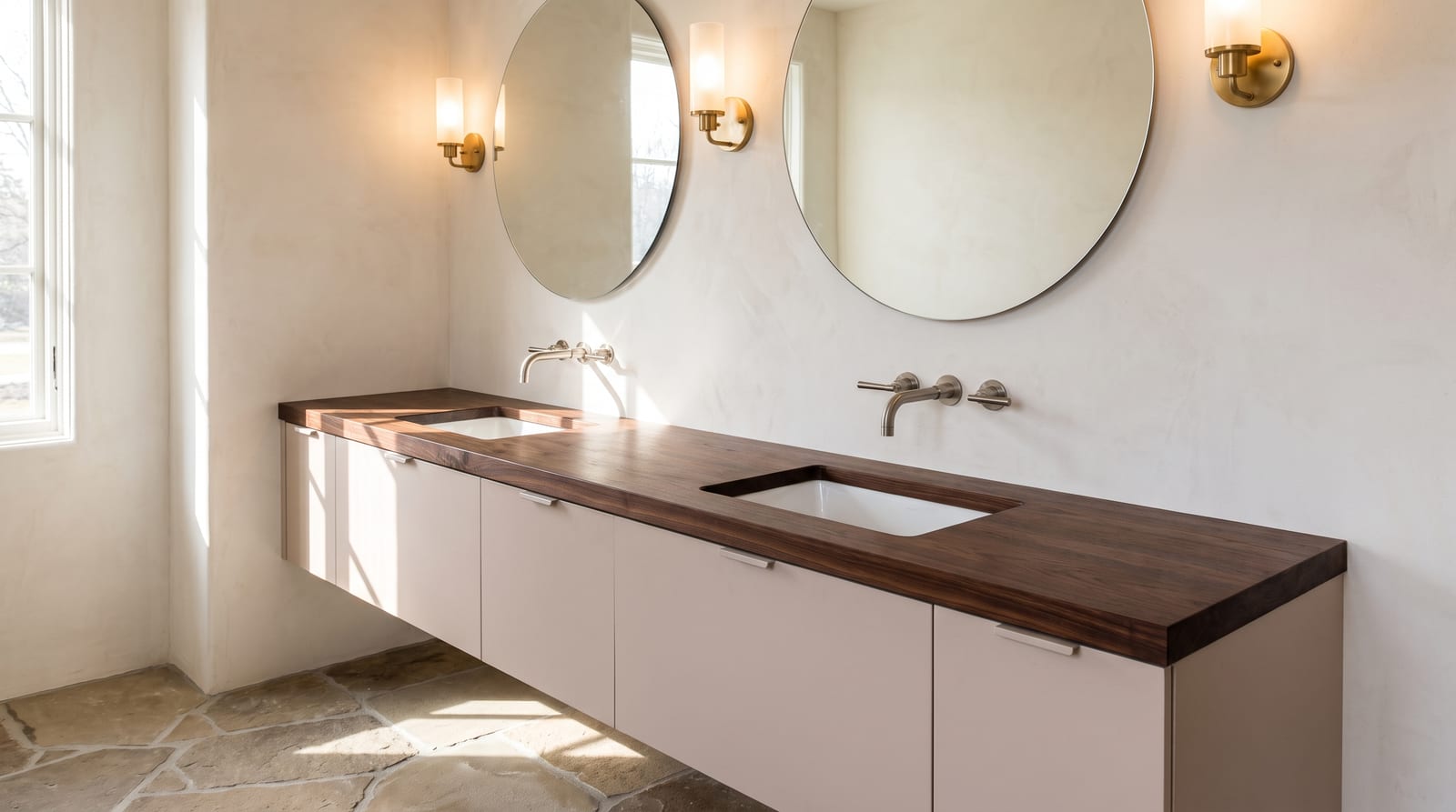Solid walnut countertop, face grain — a primary bathroom, walnut double vanity top with two undermount sinks