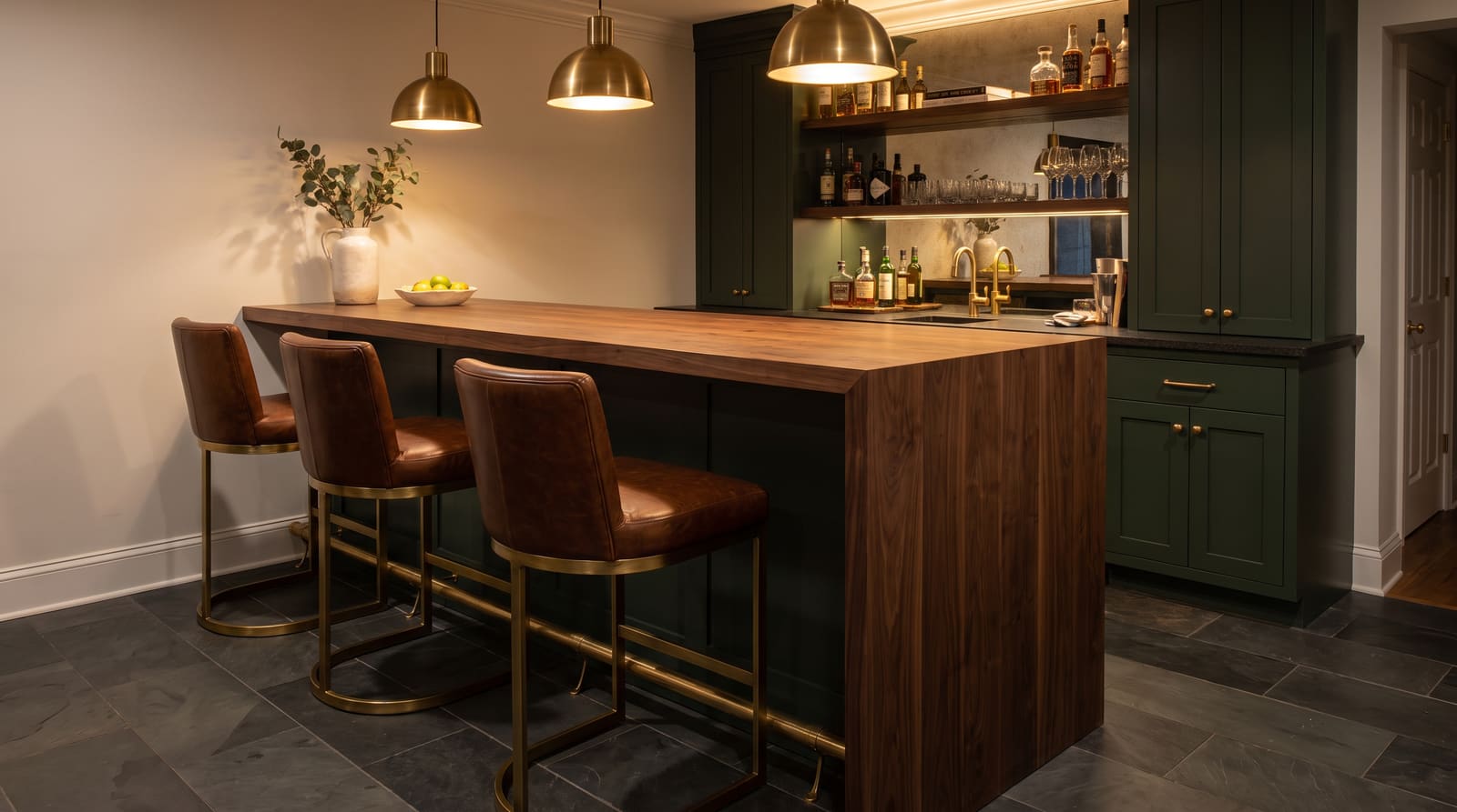 Solid walnut countertop, face grain — a basement home bar, walnut bar top with a waterfall end at 42 inches