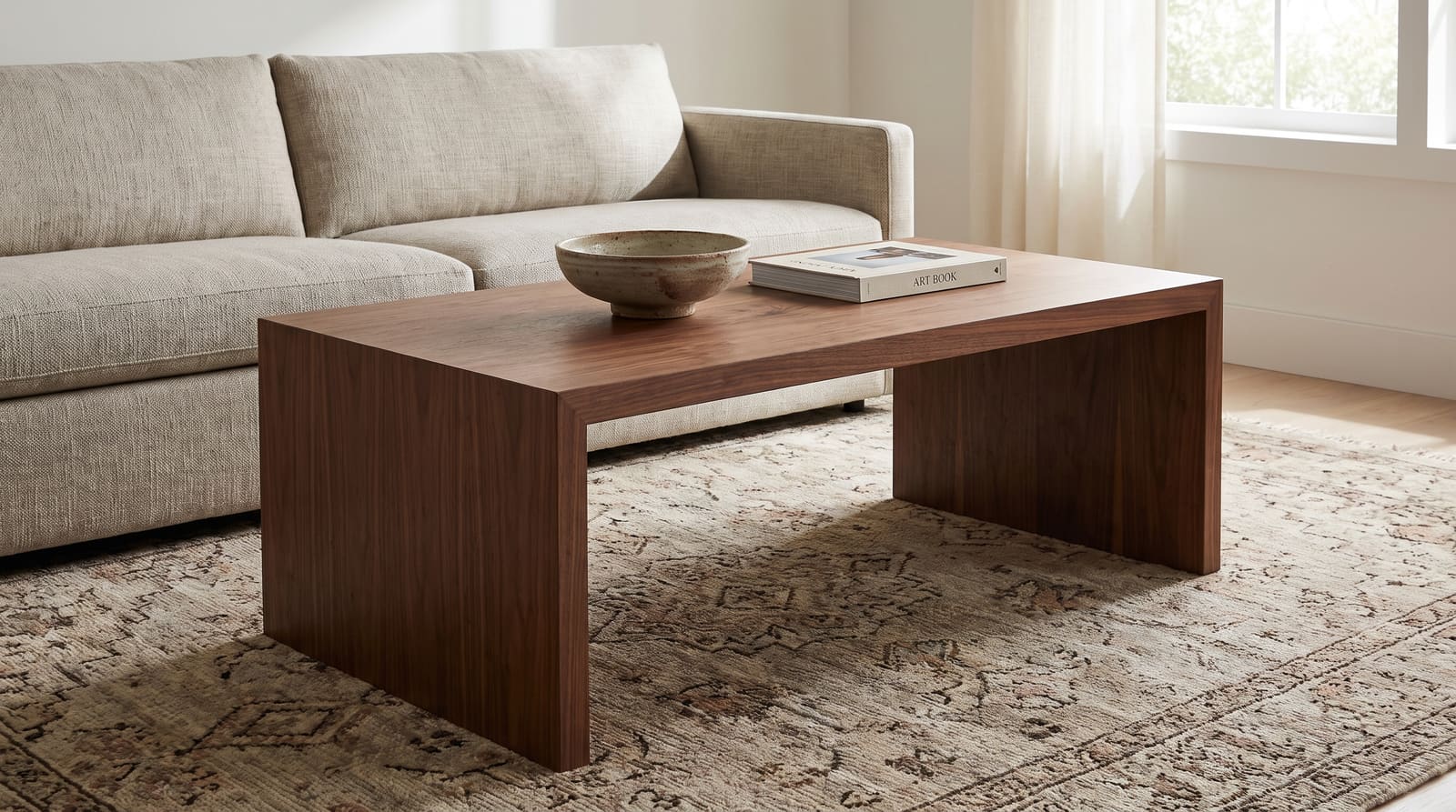 Solid walnut tabletop, face grain — a living room, walnut waterfall coffee table