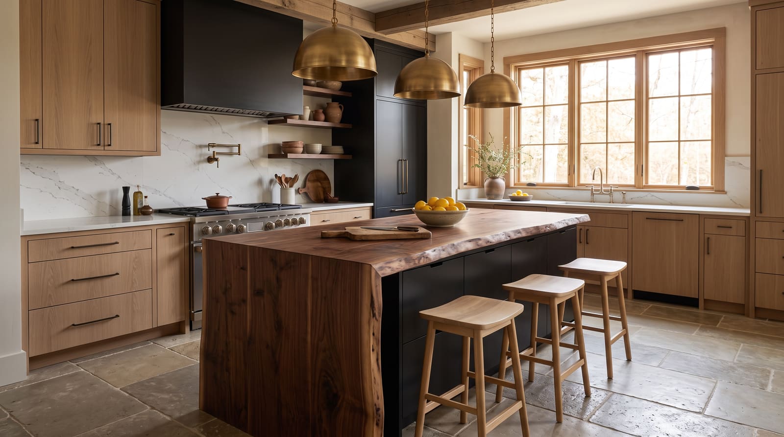 Solid walnut countertop, live edge — a modern kitchen, live-edge walnut island with a waterfall end, the live edge running down the leg